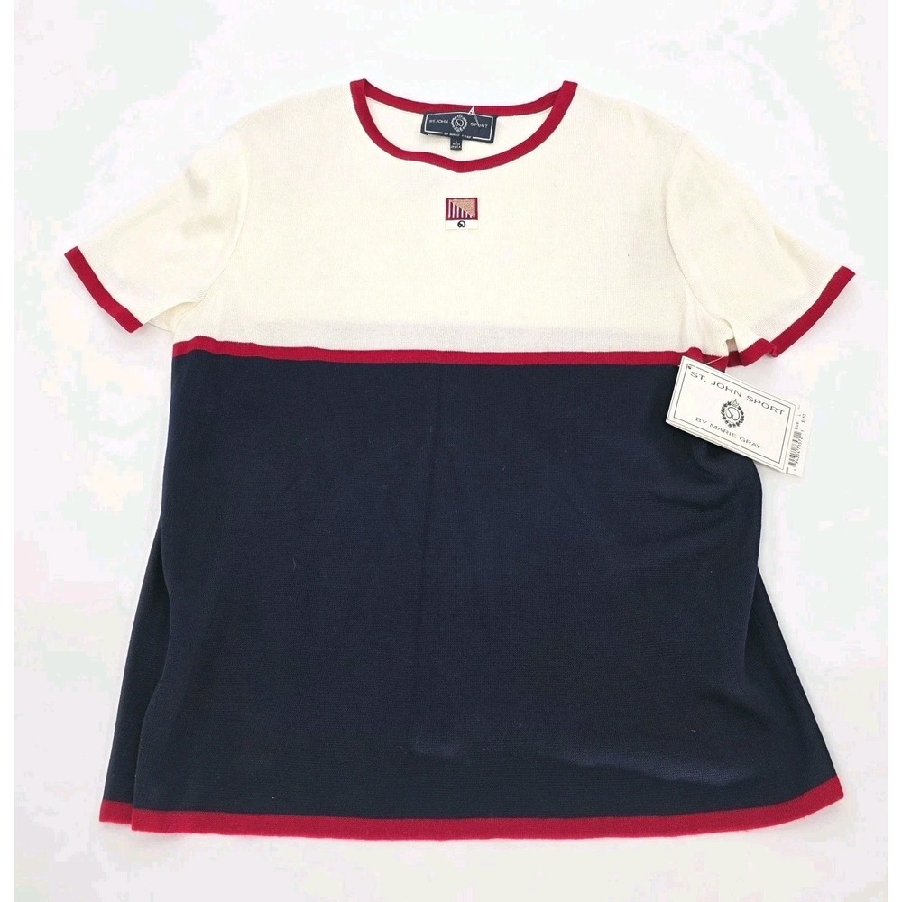 ST. JOHN Sport Nautical Sweater Womens Large Short Sleeve America Patriotic New